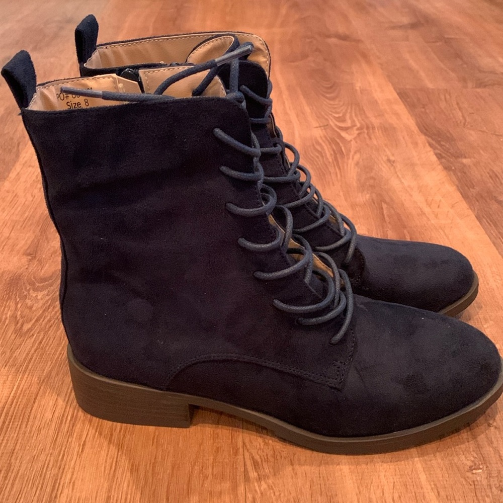 Navy Faux Suede Boots - Size 8